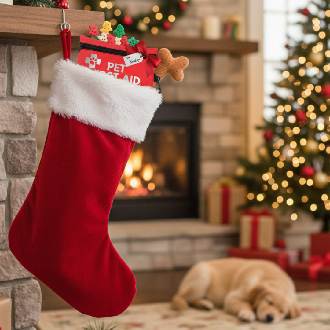 Red Christmas stocking with pet first aid kit hanging by a fireplace with a dog lying on the floor.