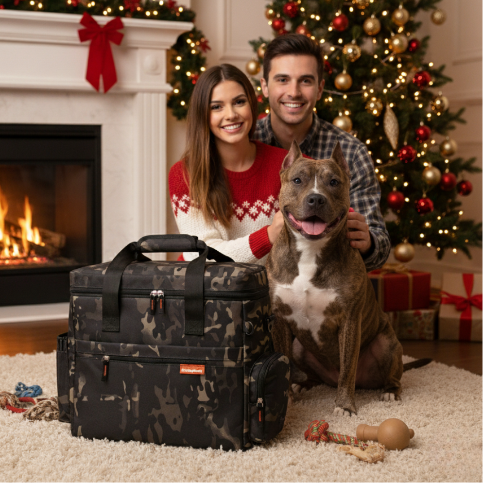 Couple with a dog in front of a Christmas tree and fireplace, next to a camouflage-patterned pet travel bag.