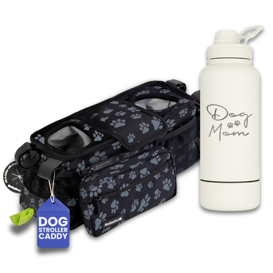 Dog Stroller Caddy Organizer & Water Bottle with Attached Dog Bowl
