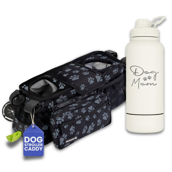 Dog Stroller Caddy Organizer & Water Bottle with Attached Dog Bowl