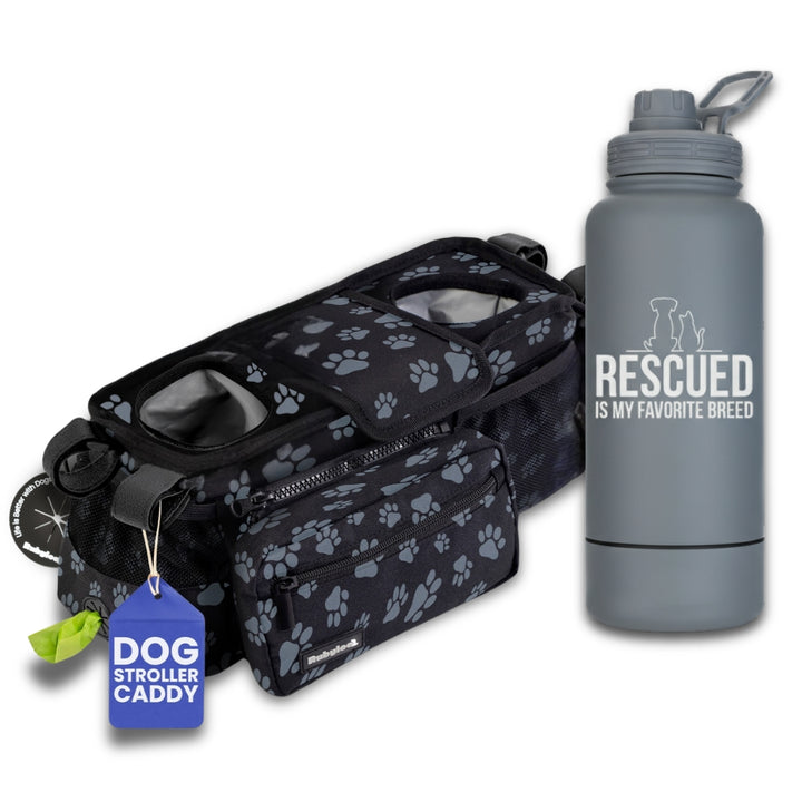 Dog Stroller Caddy Organizer & Water Bottle with Attached Dog Bowl