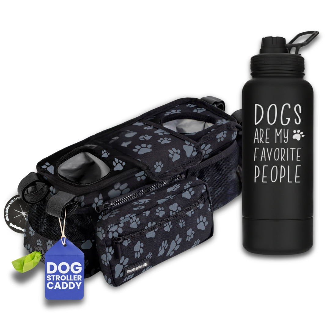 Dog Stroller Caddy Organizer & Water Bottle with Attached Dog Bowl