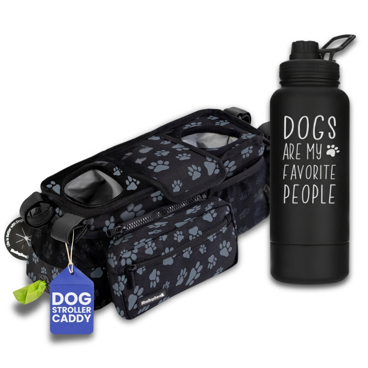 Dog Stroller Caddy Organizer & Water Bottle with Attached Dog Bowl