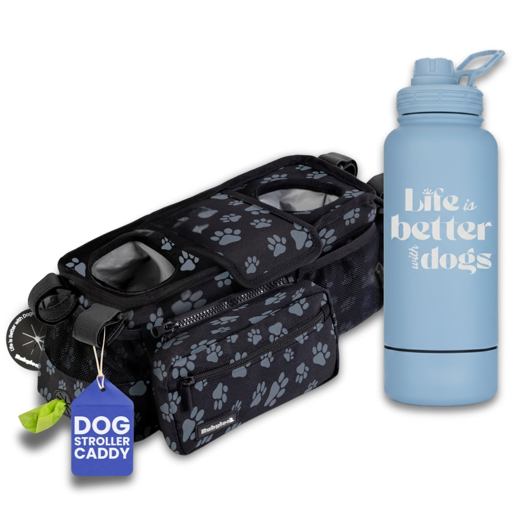 Dog Stroller Caddy Organizer & Water Bottle with Attached Dog Bowl