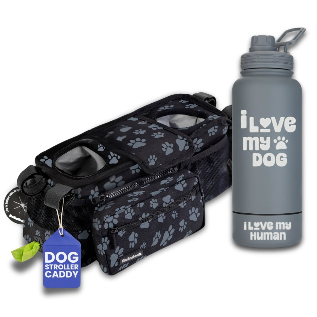 Dog Stroller Caddy Organizer & Water Bottle with Attached Dog Bowl
