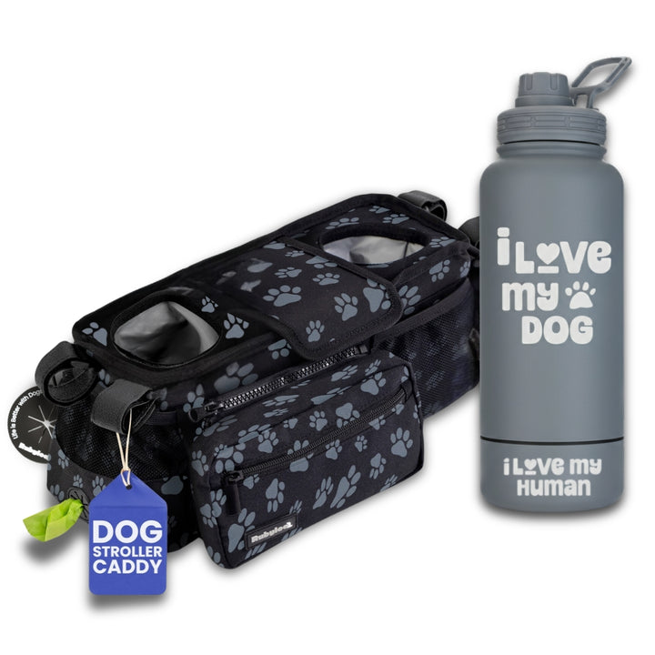 Dog Stroller Caddy Organizer & Water Bottle with Attached Dog Bowl