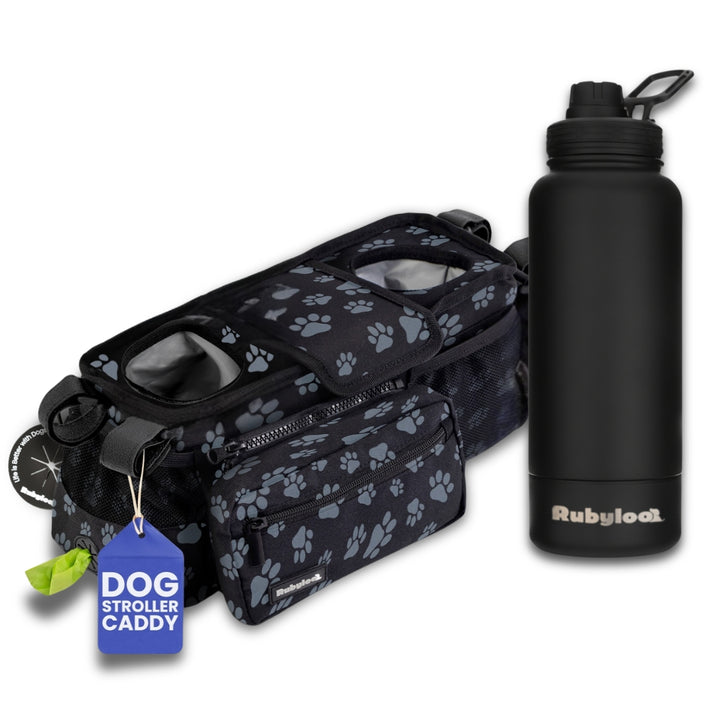 Dog Stroller Caddy Organizer & Water Bottle with Attached Dog Bowl