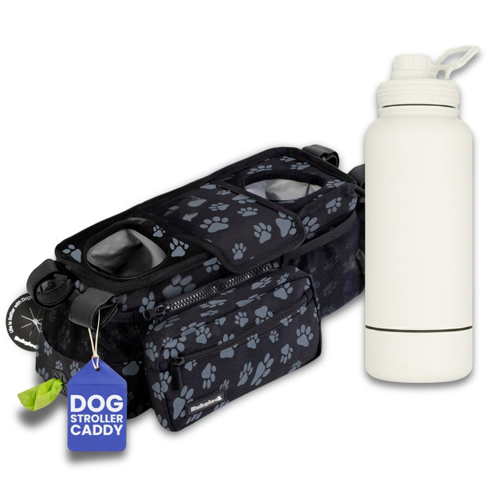 Dog Stroller Caddy Organizer & Water Bottle with Attached Dog Bowl
