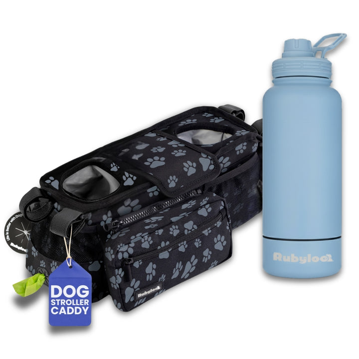 Dog Stroller Caddy Organizer & Water Bottle with Attached Dog Bowl