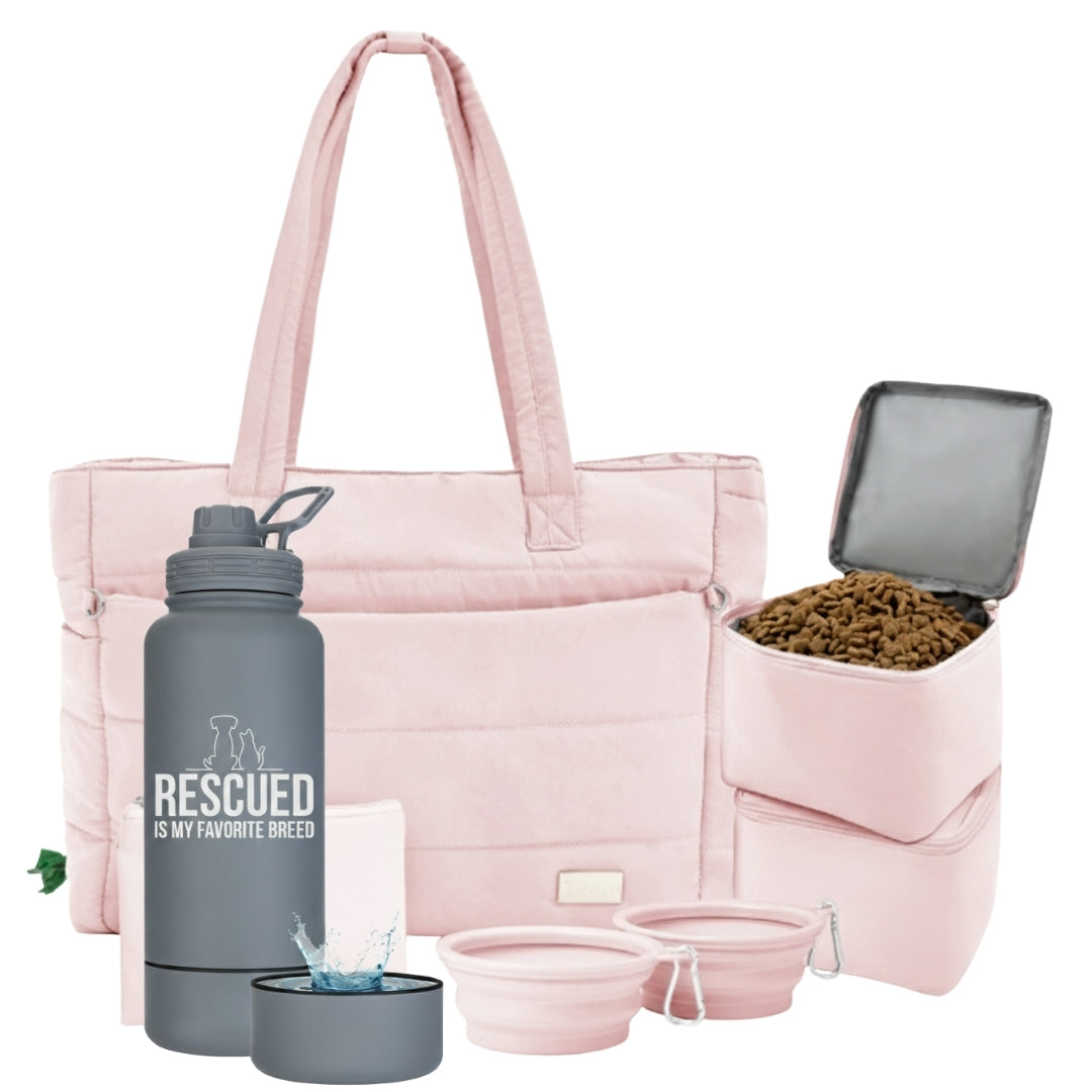 Puffer Dog Travel Bag & Water Bottle with Dog Bowl