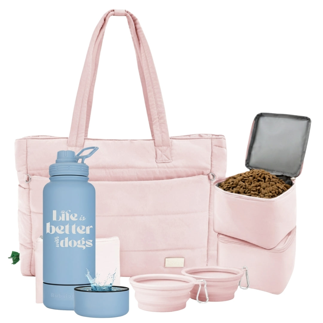 Puffer Dog Travel Bag & Water Bottle with Dog Bowl