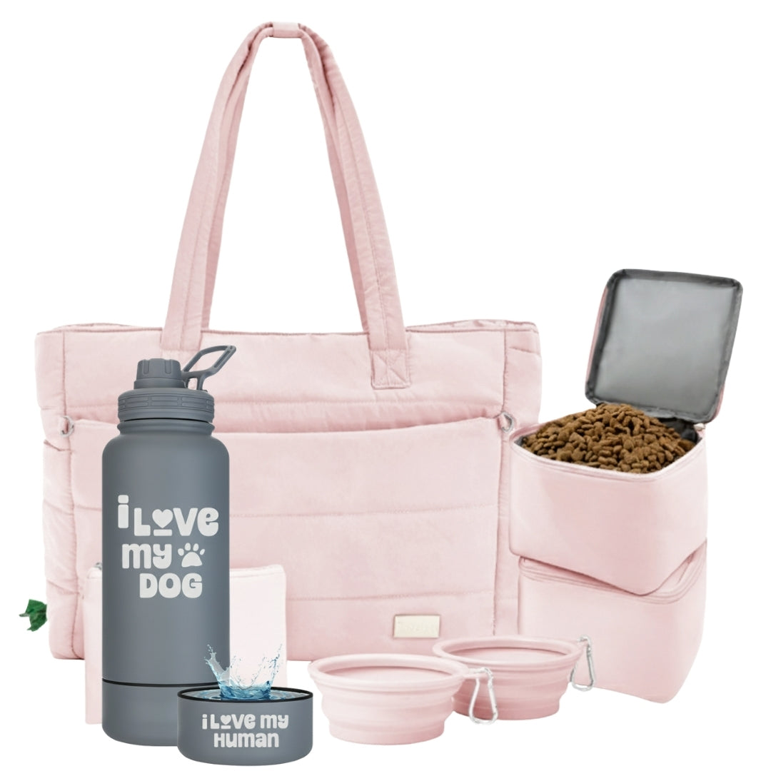 Puffer Dog Travel Bag & Water Bottle with Dog Bowl
