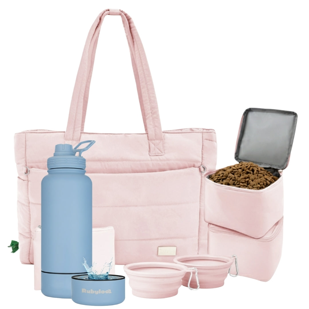 Puffer Dog Travel Bag & Water Bottle with Dog Bowl