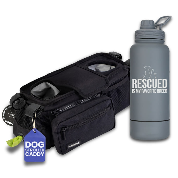 Dog Stroller Caddy Organizer & Water Bottle with Attached Dog Bowl