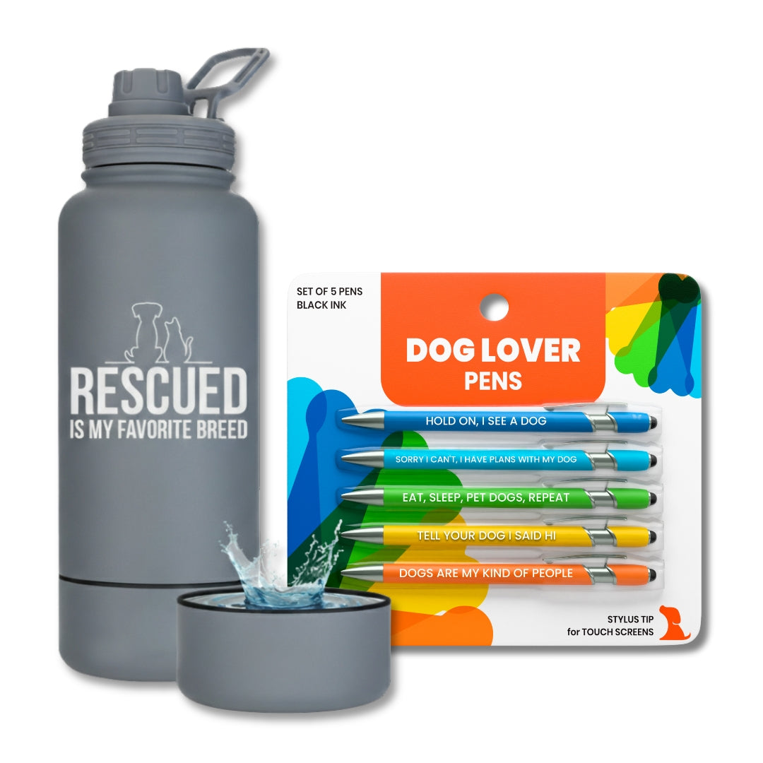 Water Bottle with Dog Bowl & Dog-Themed Stylus Pen Set