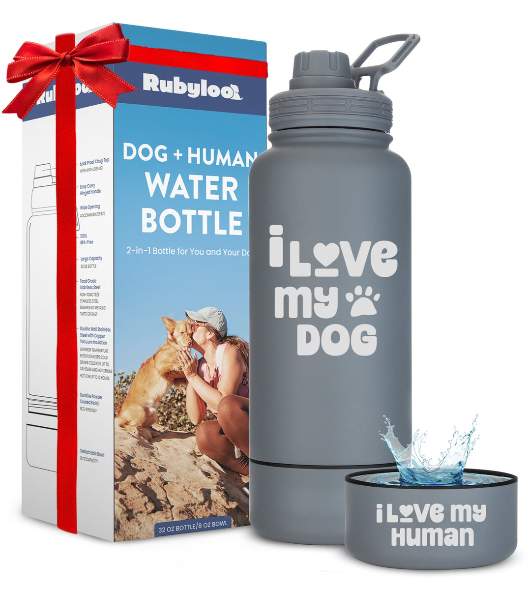 Dog + Human Water Bottle with Detachable Dog Bowl