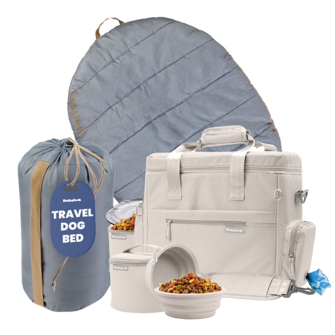 Rubyloo Doggy Bag Backpack & Insulated Water Bottle Set - Dusty Pink Dog Travel Gear With Bowl