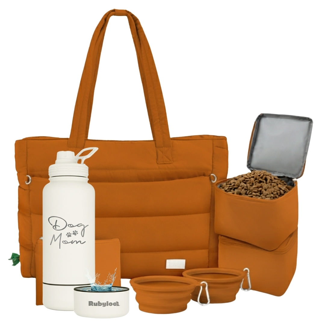 Puffer Dog Travel Bag & Water Bottle with Dog Bowl
