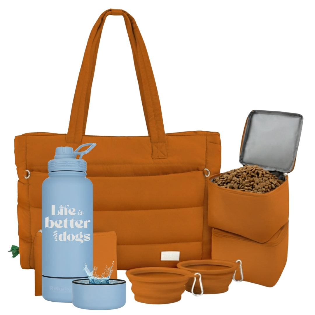 Puffer Dog Travel Bag & Water Bottle with Dog Bowl