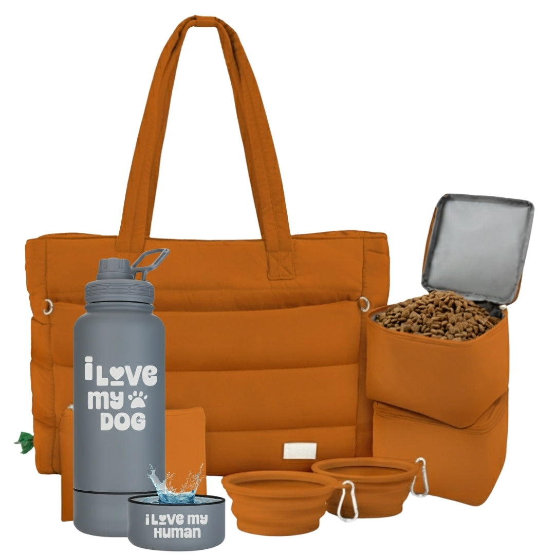 Puffer Dog Travel Bag & Water Bottle with Dog Bowl