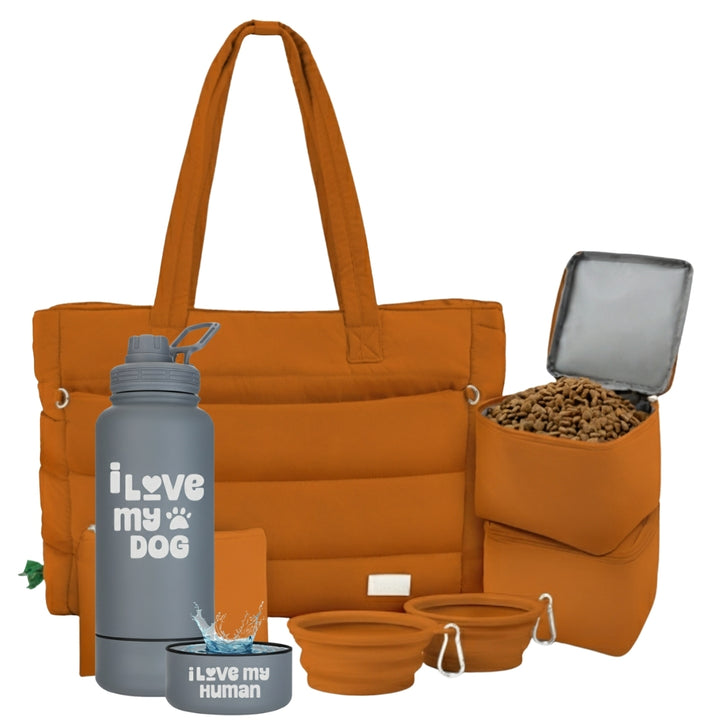 Puffer Dog Travel Bag & Water Bottle with Dog Bowl
