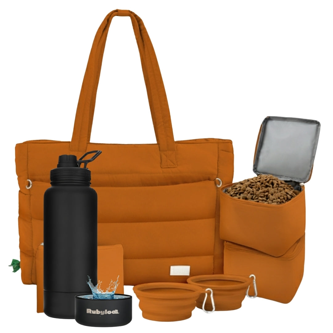 Puffer Dog Travel Bag & Water Bottle with Dog Bowl