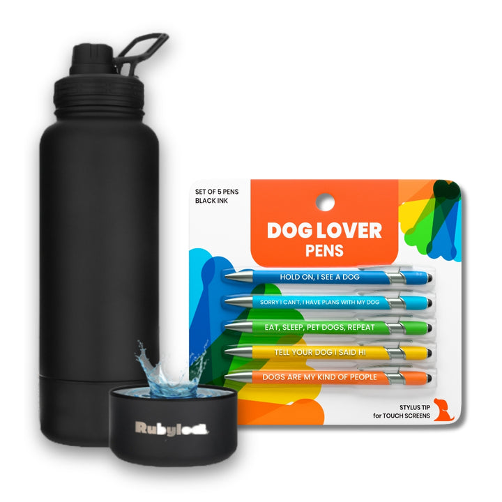 Water Bottle with Dog Bowl & Dog-Themed Stylus Pen Set